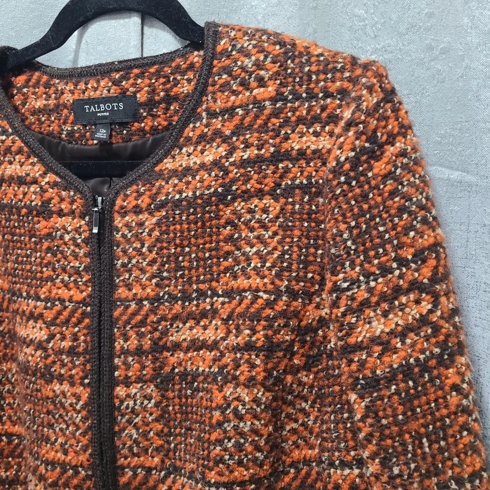 Talbots Tweed Orange Black Wool Blend Women's Jacket 12P‎ Career Preppy
